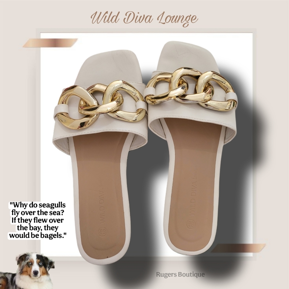 🌿Wild Diva Lounge Women's 6.5 Gold Tone Chain Adorned White Sandals - Picture 11 of 11